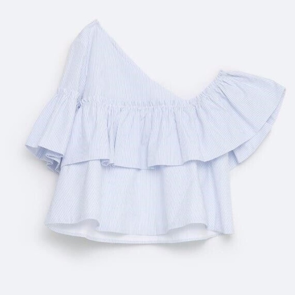 New ZARA Off The Shoulder Asymmetric Blue Striped Ruffled Poplin Top Blouse - Picture 14 of 16